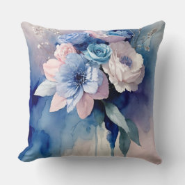Blå och Rosa Vattenfärgblommor Kudde