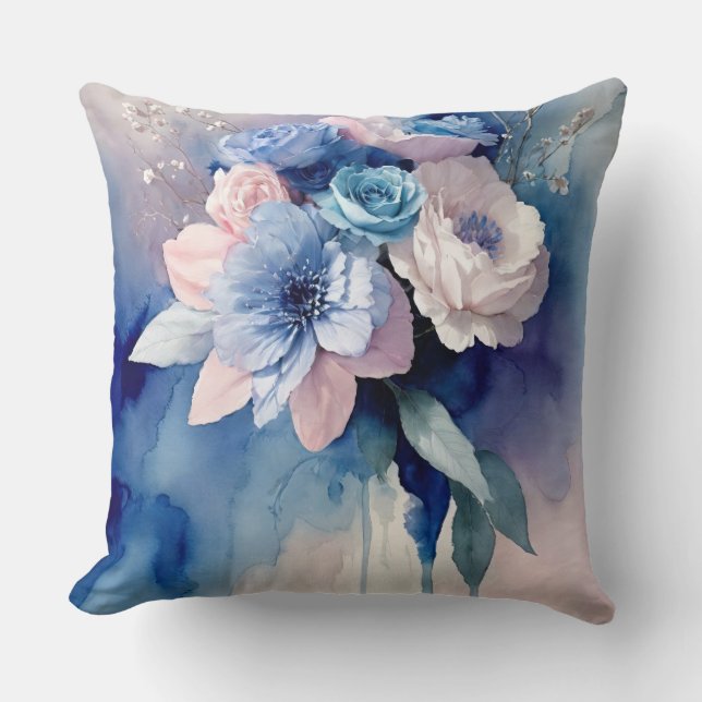 Blå och Rosa Vattenfärgblommor Kudde (Framsida)