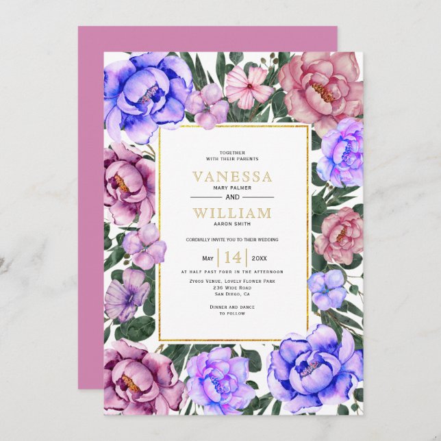 Blå och rosa vattenfärgblommor vår bröllop inbjudningar (Fram/baksida)