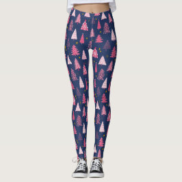 Blå och rosa vinter skog julgran mönster leggings