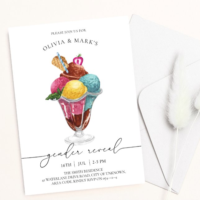 Blå och Rosa Watercolor Ice Cream Gender Reveal Inbjudningar (Skapare uppladdad)