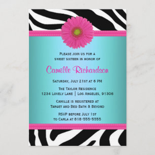 Blå och Rosa, Zebra Sweet Sixteen Inbjudan