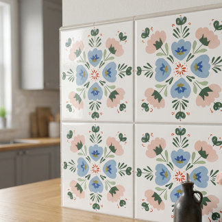 Blå och rosafärgade blomster folkkonst dekorativ k kakelplatta