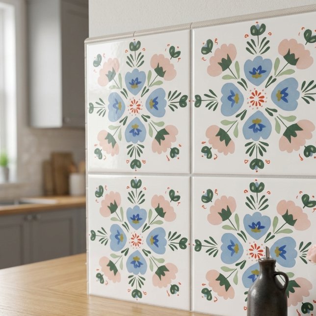 Blå och rosafärgade blomster folkkonst dekorativ k kakelplatta (Blue and Blush Floral Folk Art Decorative Ceramic Tile
)