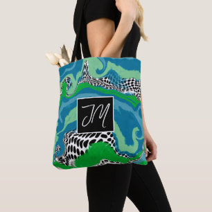 Blå och sage Grönt Fluid Art Monogrammad Tygkasse