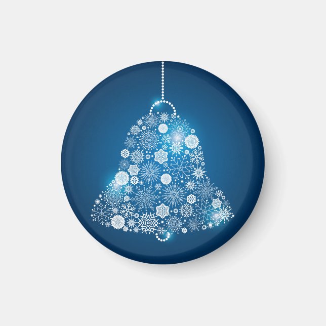 Blå och shinning White Snöflingor jul Bell Magnet (Framsidan)