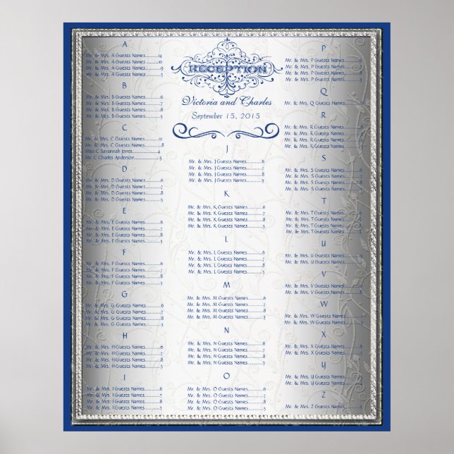 Blå och silver bröllop gäst sittplatskarta poster (Framsidan)