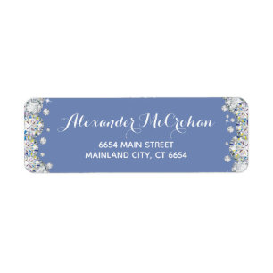 Blå och Silver Diamond Glitter Returadress Etikett