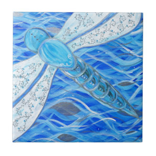 Blå och Silver Dragonfly Painting Kakelplatta