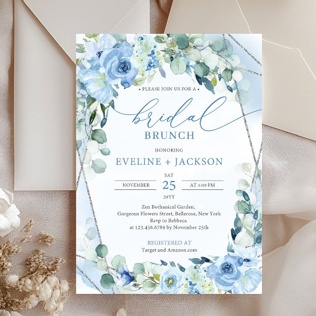 Blå och silver eucalyptus foliage Möhippa brunch Inbjudningar (silver and blue flowers eucalyptus bridal brunch invitation digital)