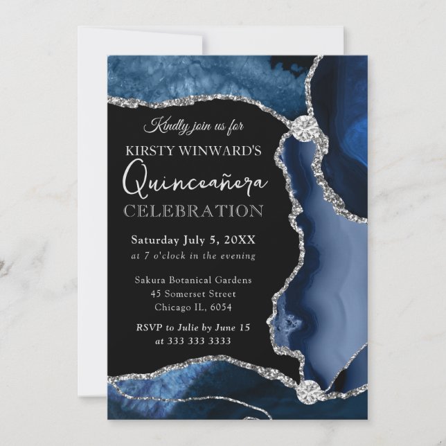 Blå och silver falsk glitter agat Quinceanera Inbjudningar (Framsida)