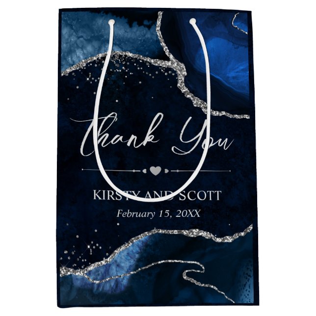 Blå och Silver Faux Glitter Agate Bröllop (Framsidan)