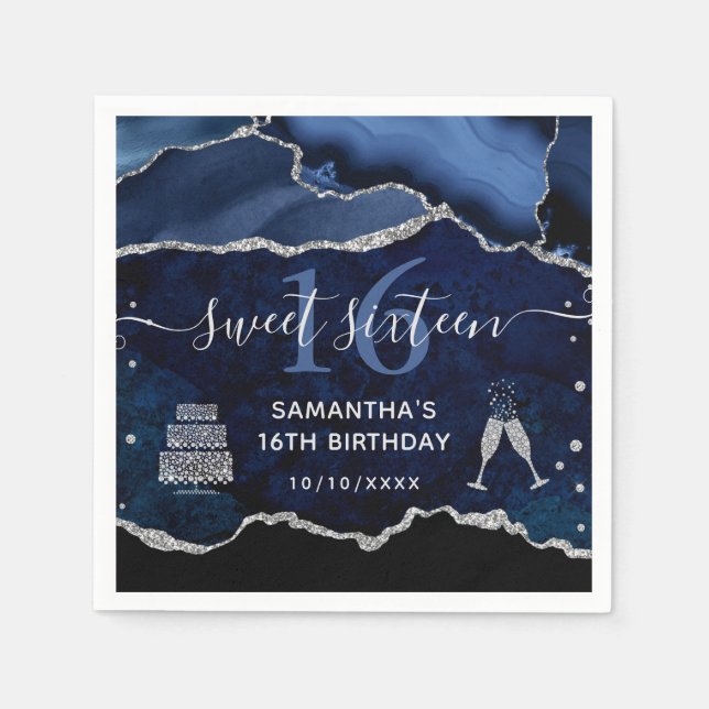 Blå och Silver Glitter Agat Marmor Sweet 16 Pappersservett (Framsidan)