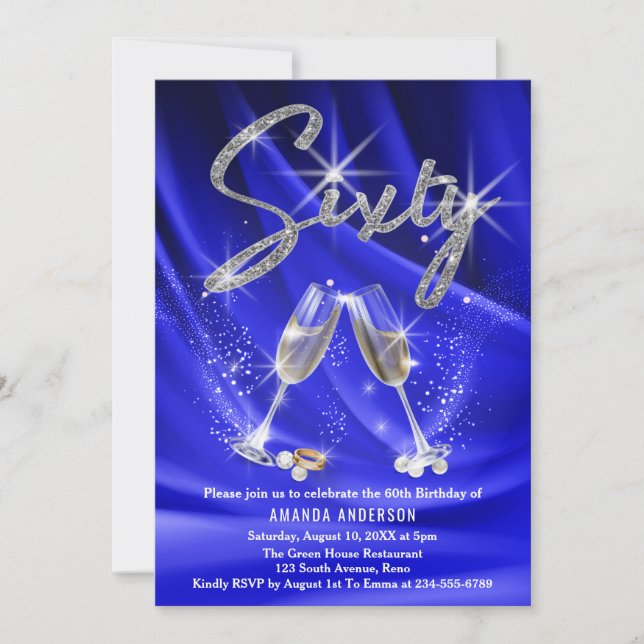 Blå och Silver Glitter Glam Modern 60:e födelsedag Inbjudningar (Framsida)