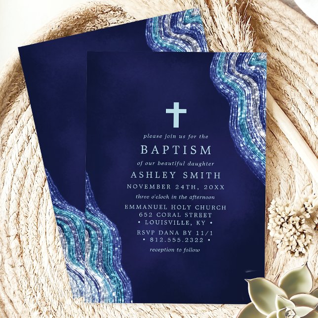 Blå och Silver Glitter Wave Vatten Baptism Inbjudningar (Skapare uppladdad)