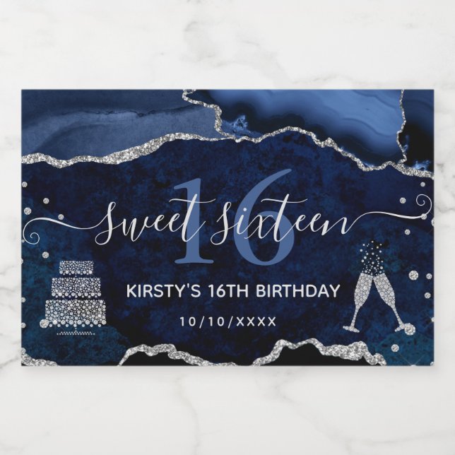 Blå och silver glitteragatmarmor Sweet 16 (Enkel etikett)