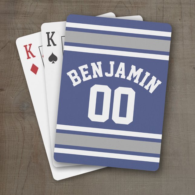 Blå och Silver Iports Jersey-nummer Kortlek (Personalized Playing Cards - Sports Jersey Design)