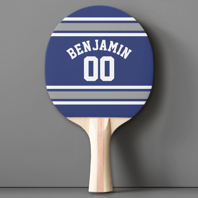 Blå och Silver Iports Jersey-nummer Pingisracket (Custom Ping Pong Paddle with a Sports Theme)