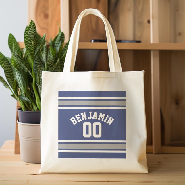 Blå och Silver Iports Jersey-nummer Tygkasse (Custom Tote Bag)