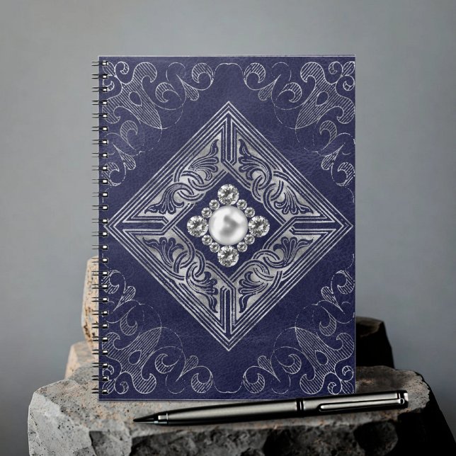 Blå och Silver Opulence | Ornate Jeweled Baroque Anteckningsbok (Skapare uppladdad)