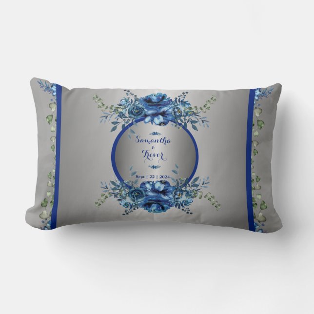 Blå och Silver Petal Symphony Lumbarkudde (Framsida)