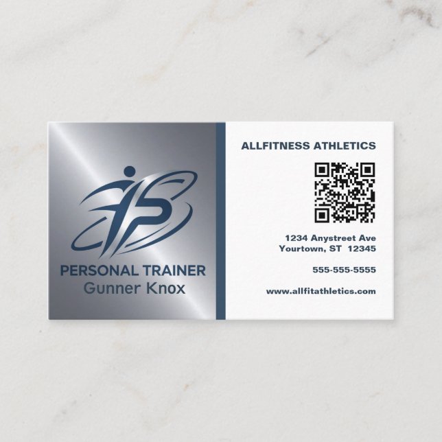 Blå och Silver QR-kod Tränare Visitkort (Framsida)