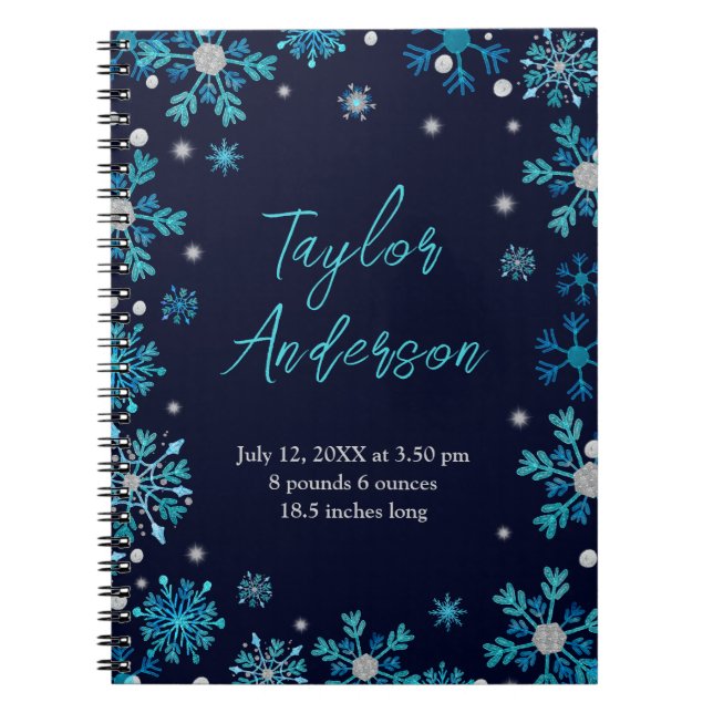 Blå och Silver Snöflingor Födelse Statistik Anteckningsbok (Framsidan)