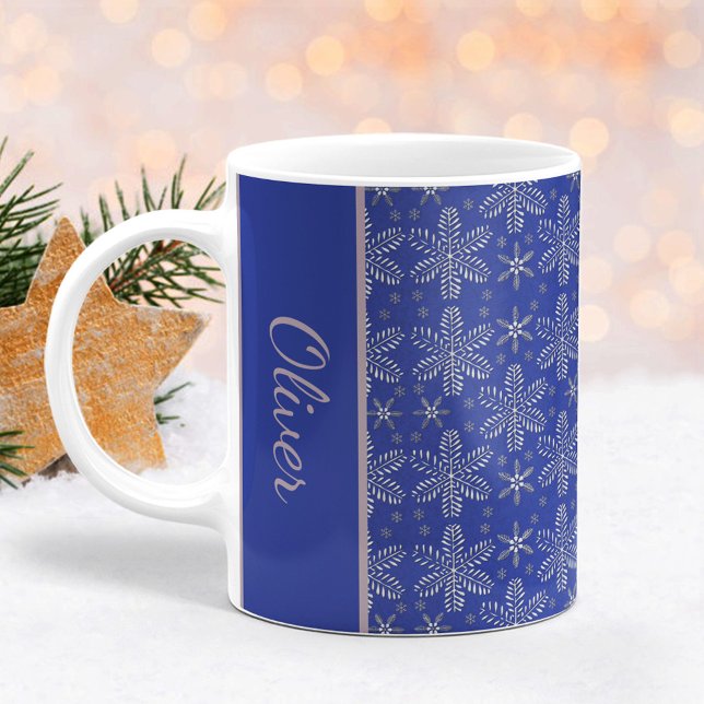 Blå och Silver Snöflingor jul Mugg med Namn (Skapare uppladdad)