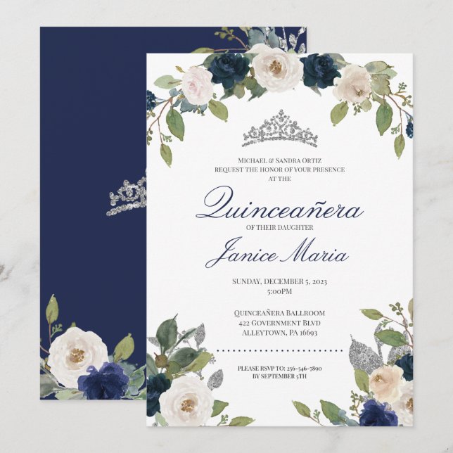 Blå och Silver Tiara Blommigt Elegant Quinceañera Inbjudningar (Fram/baksida)