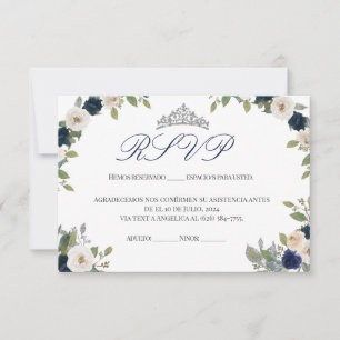 Blå och Silver Tiara Blommigt Quinceañera OSA Tack Kort
