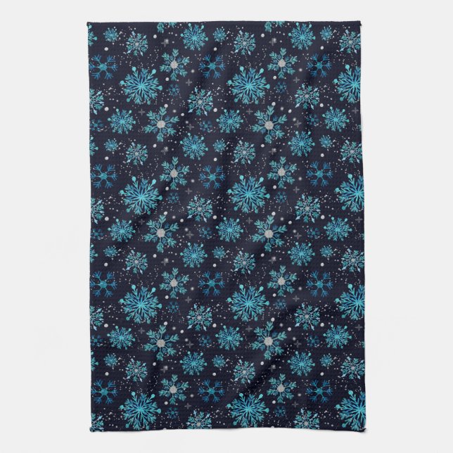 Blå och Silver Winter Snöflingor Kökshandduk (Vertikal)