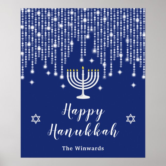 Blå och silverfärgade strängljus Glad Hanukkah Poster (Framsidan)