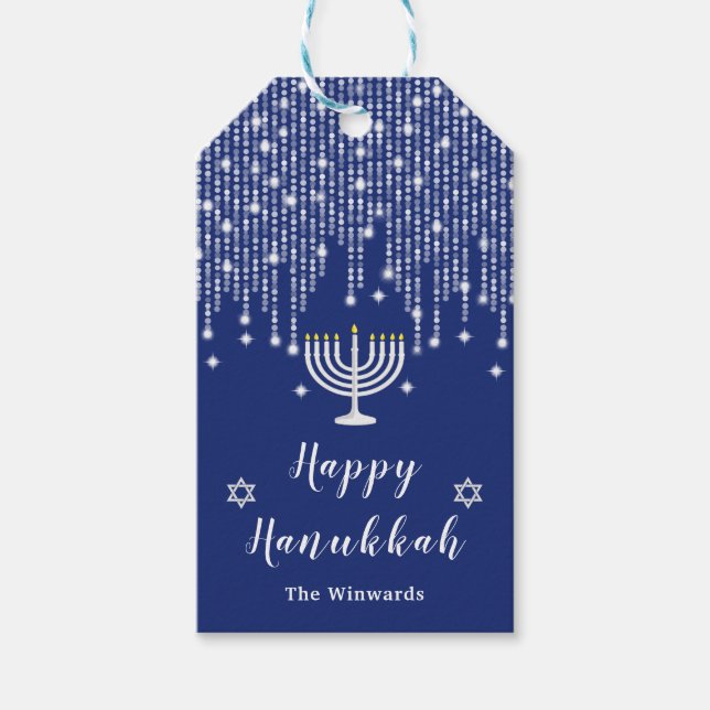 Blå och silverfärgade strängljus Glad Hanukkah Presentetikett (Framsidan)