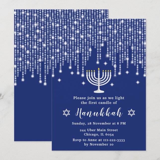 Blå och silversträngljus Hanukkah-fest Inbjudningar (Fram/baksida)