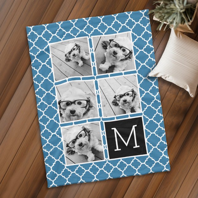 Blå och svart 5-foto Collage Monogram Fleecefilt (Personalized fleece blanket with photos and text)