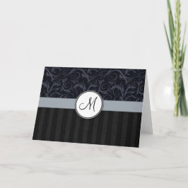 Blå och svart Blommigt Wisps, Rand med Monogram Anteckningskort