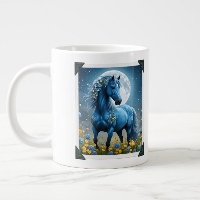 Blå Och Svart Fantasy Mån Hästar, Jumbo Mugg (Vänster)