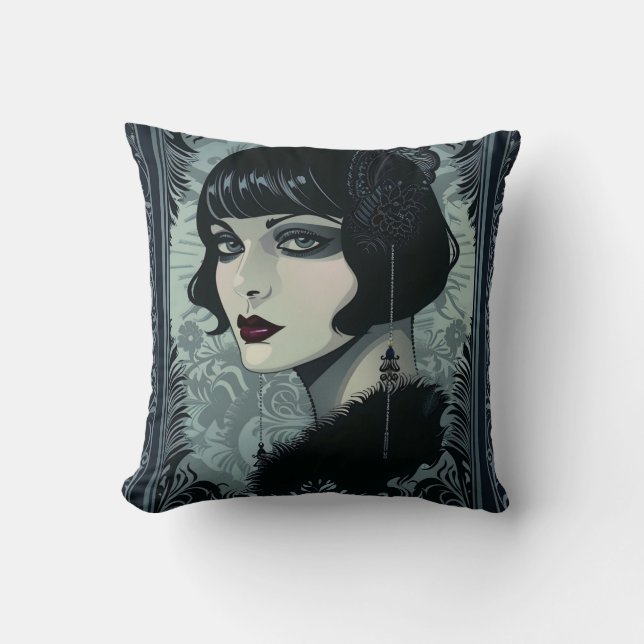 Blå och svart gotik Roaring 20's Woman Kudde (Framsida)