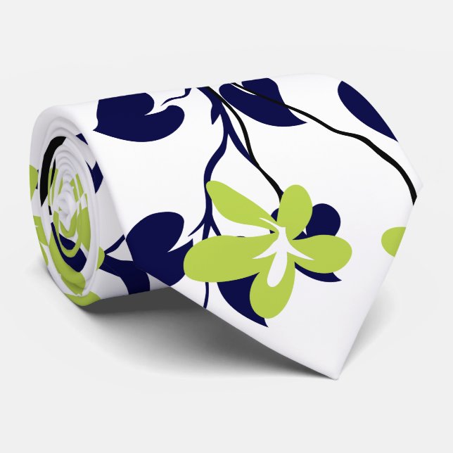 Blå och svart gren, gröna kalkblommor slips (Rullad)