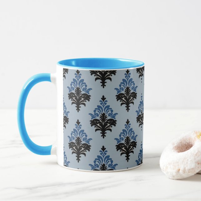 Blå och svart klassisk Damask-stil  Mugg (Med munk)