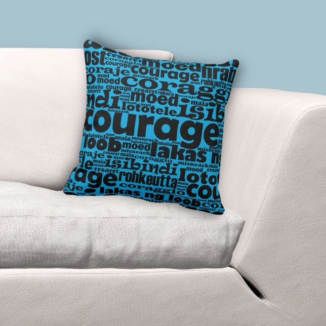 Blå och svart Mönster i flerspråkig typ Kudde (Multilingual Type Blue & Black Courage Pattern Throw Pillow)