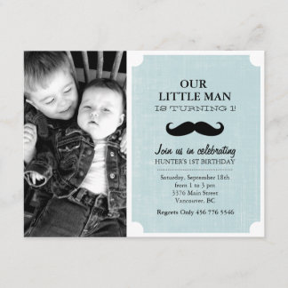 Blå och svart mustache Foto Första födelsedag Inbj Inbjudningar
