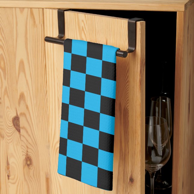 Blå och svart rutig tryck kökshandduk (Thirds Fold)