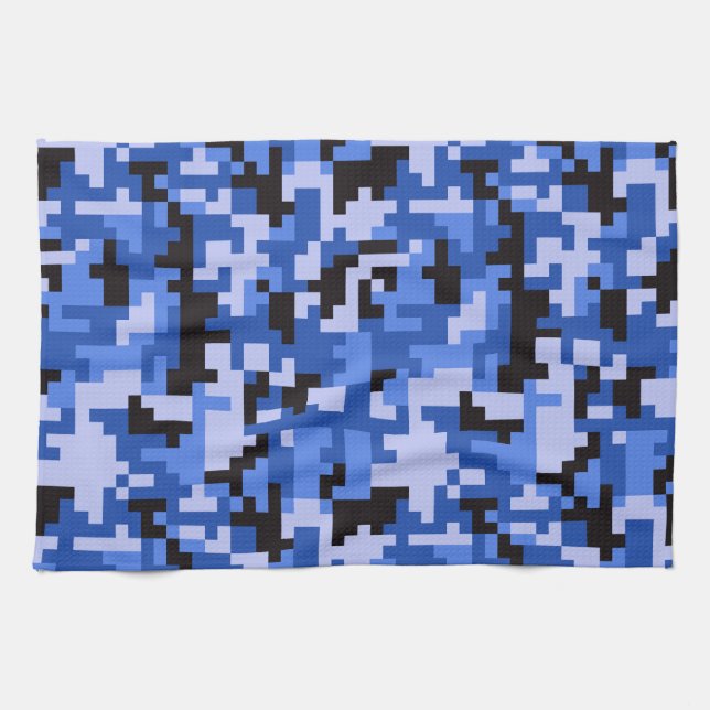 Blå och svart vattenpixelkamouflage-mönster kökshandduk (Horisontell)