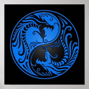 Blå och svart Yin Yang Dragons Poster