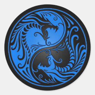 Blå och svart Yin Yang Dragons Runt Klistermärke