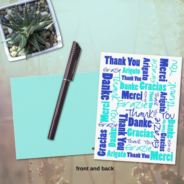 Blå och turkos flerspråkig Tack Vykort (Front multilingual blue and turquoise thank you typography postcard.)