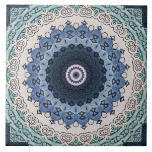 Blå och turkos mandala med geometrisk symmetri kakelplatta