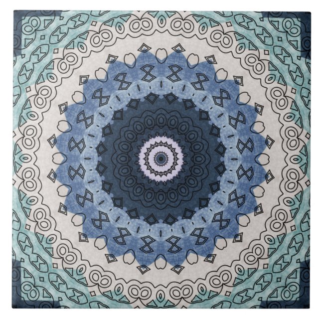 Blå och turkos mandala med geometrisk symmetri kakelplatta (Framsidan)