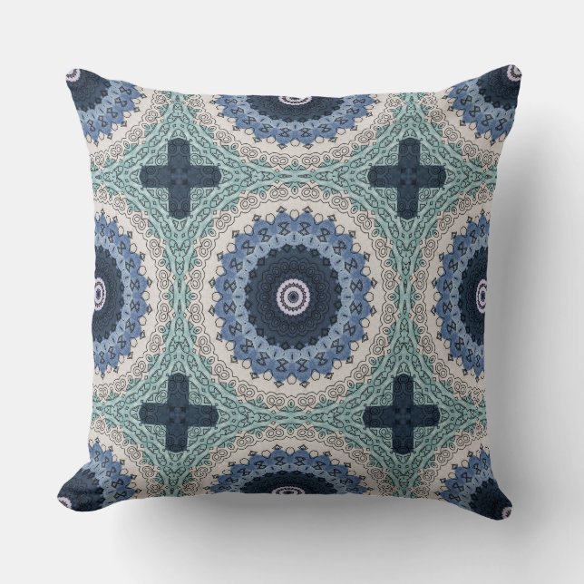 Blå och turkos mandala med geometrisk symmetri kudde (Framsida)